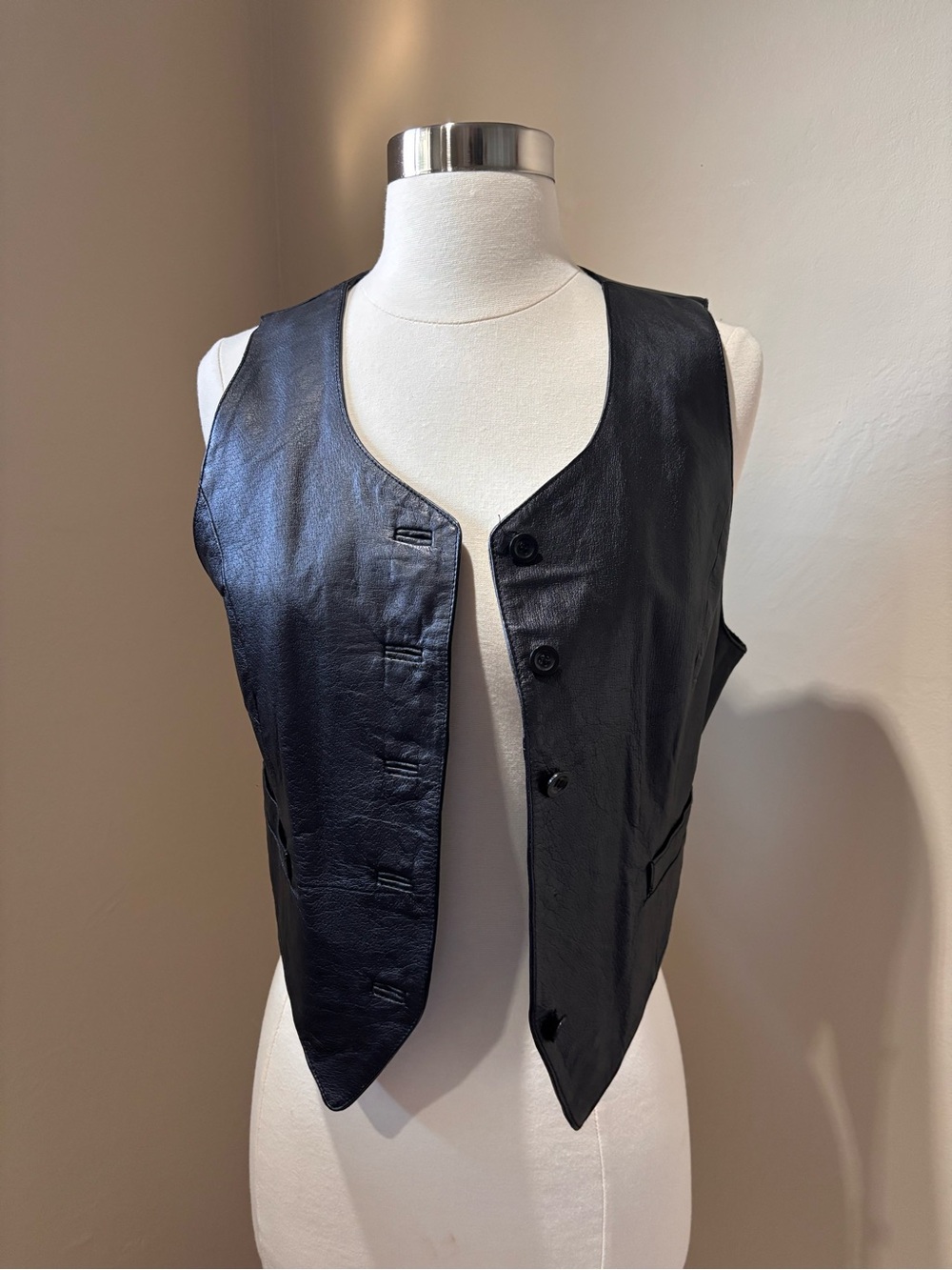 Vintage Black Leather Vest - Women’s Classic Button-Front